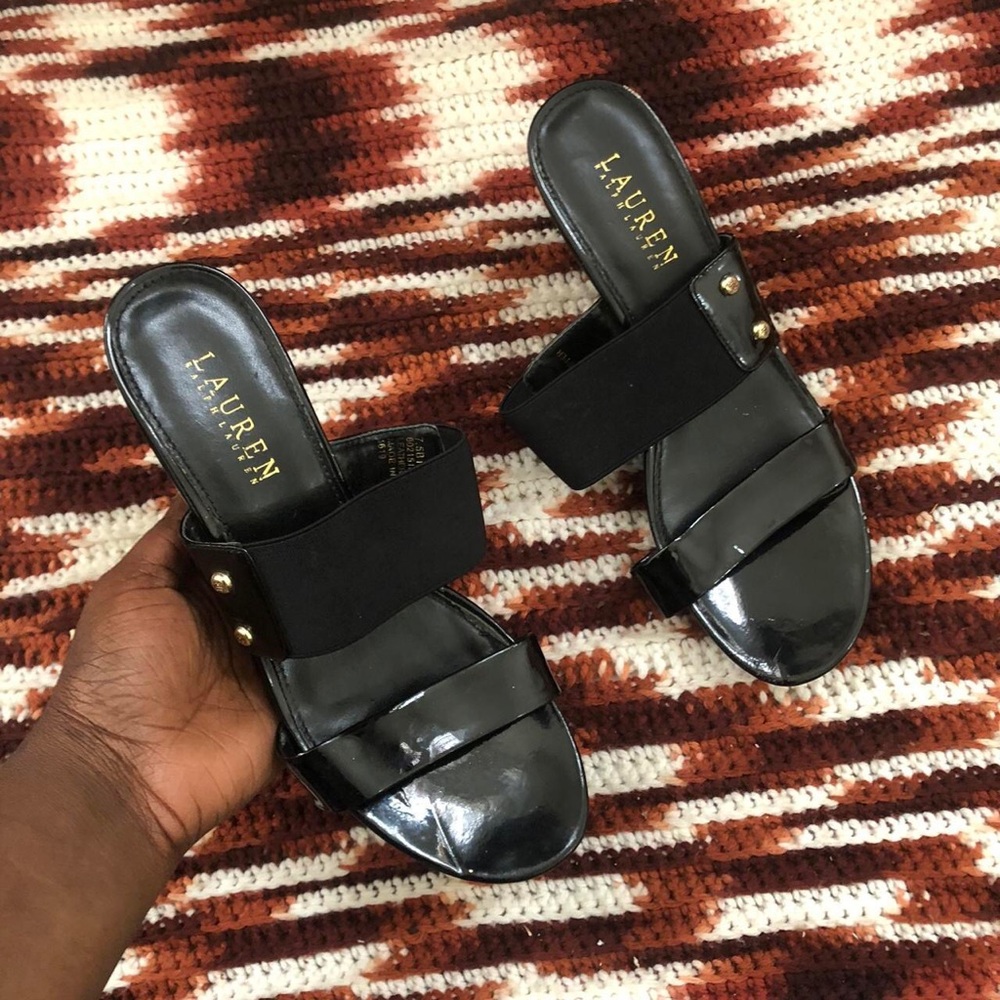 Ralph Lauren Rhianna Block Wedge heels Platform Slip on Mules Shoe Open Peep Toe